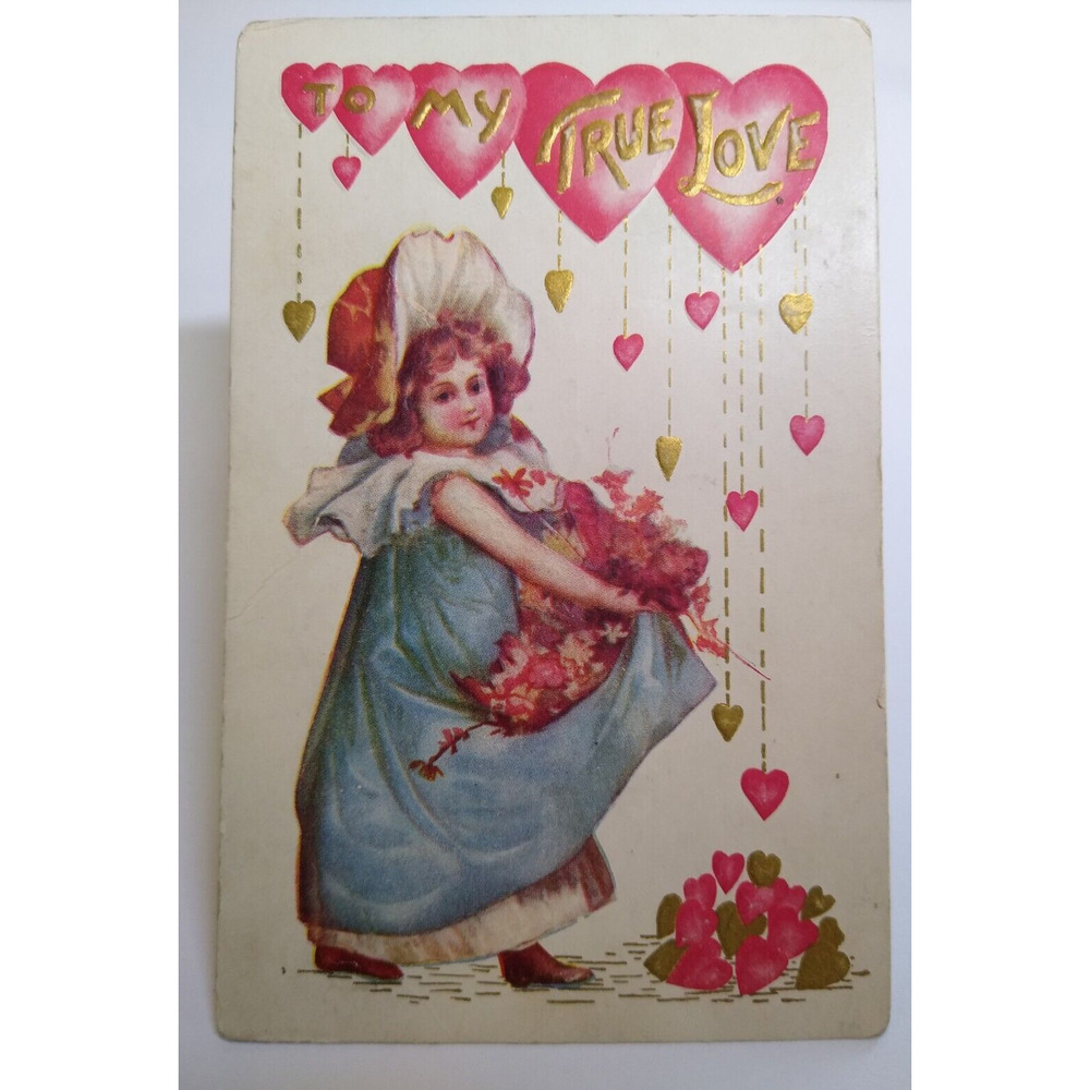 Valentine Postcard Victorian Child In Bonnet Pile Of Hearts Vintage Embossed